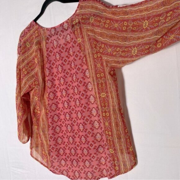 Figueroa And Flower Orange Link Multi Print Semi Sheer Long Sleeve Boho Blouse M - Picture 10 of 15